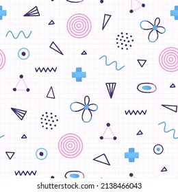 Vector seamless pattern of different shapes and wavy lines in hand-drawn style. Modern art illustration in pink, blue colors. Wallpaper, wrapping paper, textiles, covers