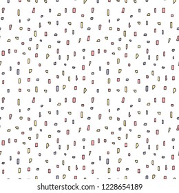Vector seamless pattern different size pink, purple and yellow dots in black outline on a white background  for bedding, textile, wallpaper, wrapping, cover page, web site.