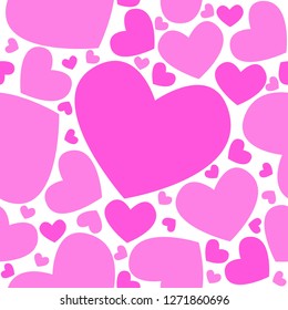 Vector seamless pattern with different sized pink hearts.