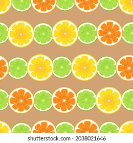 Vector seamless pattern with different slice citruses: grapefruit, lemon, lime, orange.
