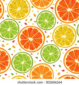 Vector seamless pattern with different slice citruses: grapefruit, lemon, lime, orange.