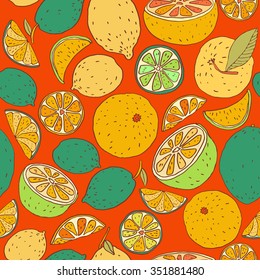 Vector seamless pattern with different slice citruses: grapefruit, lemon, lime, orange. Seamless pattern can be used for wallpaper, pattern fills, web page background, surface textures.