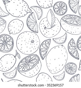 Vector seamless pattern with different slice citruses: grapefruit, lemon, lime, orange. Seamless pattern can be used for wallpaper, pattern fills, web page background, surface textures.