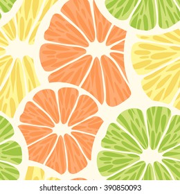 Vector seamless pattern with different slice citruses:  lemon, lime, orange.