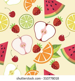 Vector seamless pattern of different sliced fruits. Background, backdrop, wallpaper, decorative element.