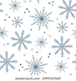 Vector seamless pattern with different snowflakes. New Year and Christmas winter background with snowfall. Pattern for packaging, paper and wallpaper during the cold season.