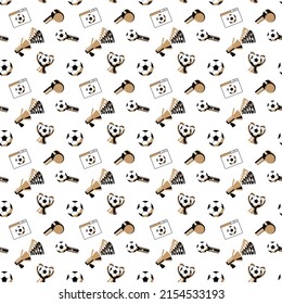 Vector seamless pattern of different soccer illustrations on a white background. Sport minimal texture