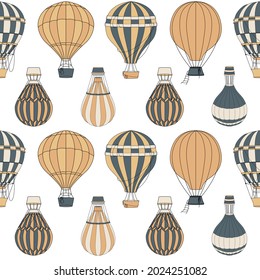 Vector seamless pattern with different soft shades hot air balloons. Hand painted illustration for texture, wrapping paper, greeting cards, textiles, fabric, decoration and wallpaper for kids room