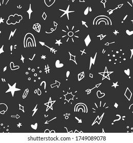 Vector seamless pattern with different stars, sparkles, arrows, hearts, diamonds, signs and symbols. Hand drawn, doodle style. Design for wallpaper, wrapping, stationery, textile