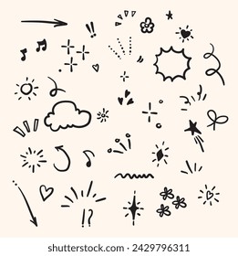 Vector seamless pattern with different stars, sparkles, arrows, hearts, diamonds, signs and symbols with Illustration style doodle and line art