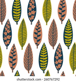 Vector seamless pattern with different stylish leaves. Natural floral hand drawing texture.