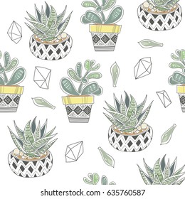 Vector seamless pattern with different succulents in a pots and glass terrariums. Trendy tropical design for textile