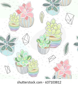 Vector seamless pattern with different succulents in a pots and glass terrariums. Trendy tropical design for textile