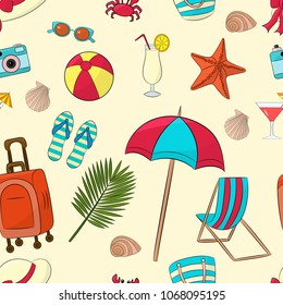 Vector seamless pattern with a lot of different summer sea vacation items: suitcase, beach bag, slippers, umbrella, ball, starfish, palm tree, camera, sunglasses and more