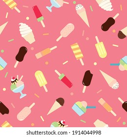 Vector seamless pattern of different sweet ice creams with bright and colorful colours