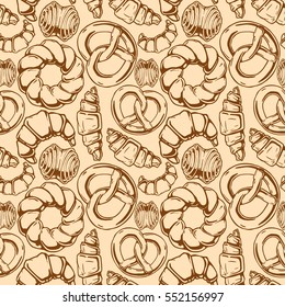 Vector seamless pattern with different sweet pastries. illustration background in old fashioned etched style