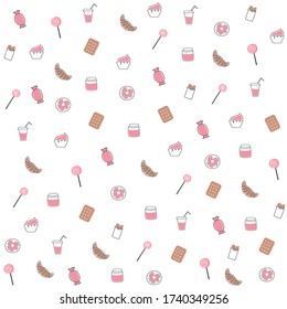 Vector seamless pattern with different sweets. Croissants, donuts, bonbons, cookies, cakes, chocolate bar. White background. Hand drawn