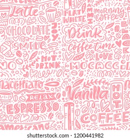 Vector seamless pattern with different symbols of coffee and lettering of words espresso, hot drink, coffee time and others.