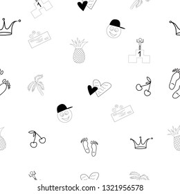 Vector seamless pattern with different symbols:hearts,motivation,palm,footprint,smiley face,cherry,crown,money,pineapple.