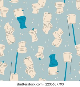 Vector seamless pattern with different toilets bowls and bidets. Repetitive toilet furniture for hygiene. Items for the bathroom.