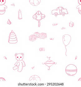 Vector seamless pattern with different toys: bear, alphabet cubes, pyramid, whirligig, doll