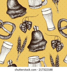 Vector seamless pattern with different traditional food in retro style for Oktoberfest. Vintage background with ink hand drawn food illustration. Big festival - Oktoberfest - in Germany