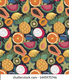 Vector seamless pattern with different tropical exotic fruits and brries in flat simple style. Colorful fresh summer endless background for print, textile, wrapping paper