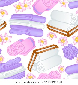 Vector seamless pattern with different types of bath towels. Illustration isolated on white background