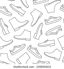 Vector seamless pattern with different types of outline men shoes.