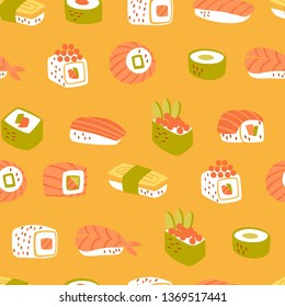 Vector Seamless Pattern with Different Types of Sushi and Rolls.