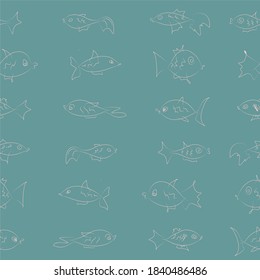 Vector seamless pattern of different types of fish. Hand-drawn pattern on the theme of fishing. Cartoon sketches of aquarium fish that swim in different directions