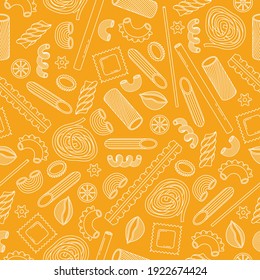 The vector seamless pattern with different types of italian pasta. Line art.