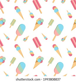 Patrón vectorial sin fisuras con diferentes tipos de helados de estilo plano sobre fondo blanco. Gelato,pólvora, sundae,helado para texturas de verano,telas,textiles,papel para envolver,decoración,impresión