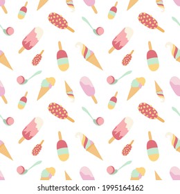 Vector seamless pattern with different types of ice cream in doodle style on white background. Gelato,popsicle, sundae,ice cream cone for summer texture,fabrics,textile,wrapping paper,decoration,print