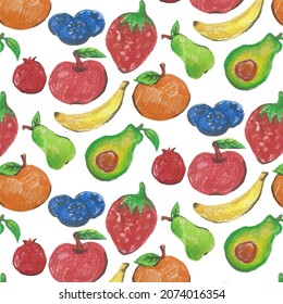 Vector seamless pattern with different types of watercolor hand drawn fruits. Wallpaper for food packaging design