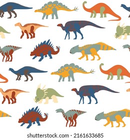 Vector seamless pattern of different types of colorful dinosaurs on a white background