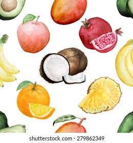 Vector seamless pattern with different types of watercolor hand drawn fruits. Wallpaper for food packaging design 