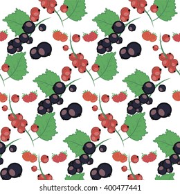Vector seamless pattern of different varieties of ripe berries on a green leaf. Ripe strawberry, raspberry, black and red currant.
