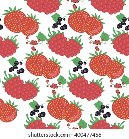 Vector seamless pattern of different varieties of ripe berries on a green leaf. Ripe strawberry, raspberry, black and red currant.
