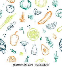 Vector seamless pattern with different vegetables. Perfect healthy lifestyle background. Backdrop texture for organic farm, eco food restaurant or smoothie bar.