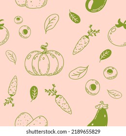 Vector seamless pattern of a different vegetables drawn in doodle style. Pumpkin, eggplant, carrots, potatoes, olives. Healthy vegan pattern.