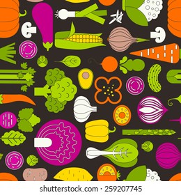 Vector seamless pattern with different vegetables. Perfect healthy lifestyle background. Backdrop texture for organic farm, eco food restaurant or smoothie bar. 