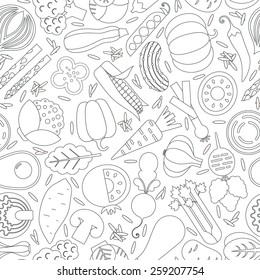 Vector seamless pattern with different vegetables. Perfect healthy lifestyle background. Backdrop texture for organic farm, eco food restaurant or smoothie bar. 
