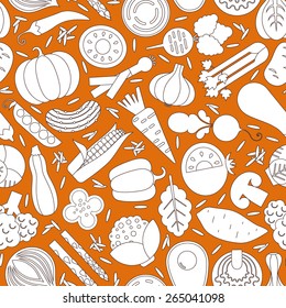 Vector seamless pattern with different vegetables. Perfect healthy lifestyle background. Backdrop texture for organic farm, eco food restaurant or smoothie bar. 