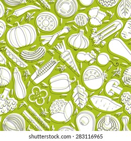 Vector seamless pattern with different vegetables. Perfect healthy lifestyle background. Backdrop texture for organic farm, eco food restaurant or smoothie bar. 