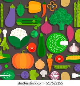 Vector seamless pattern with different vegetables. Perfect healthy lifestyle background. Backdrop texture for organic farm, eco food restaurant or smoothie bar. 