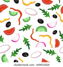 Vector seamless pattern with different vegetables: paprika, cucumber, tomato, onion, pepper, olive, rocket, radish.