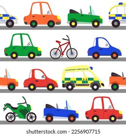 Vector seamless pattern with different vehicles. Bright flat cars and bikes in repeated print on white