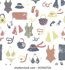 Vector seamless pattern with different vintage fashion clothing and elements: swimsuits, flip flops, hats, glasses, bags and beach towels on the white background. Summer retro backdrop