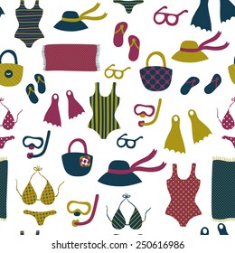 Vector seamless pattern with different vintage fashion clothing and elements: swimsuits, flip flops, hats, glasses, bags and beach towels on the white background. Summer retro backdrop